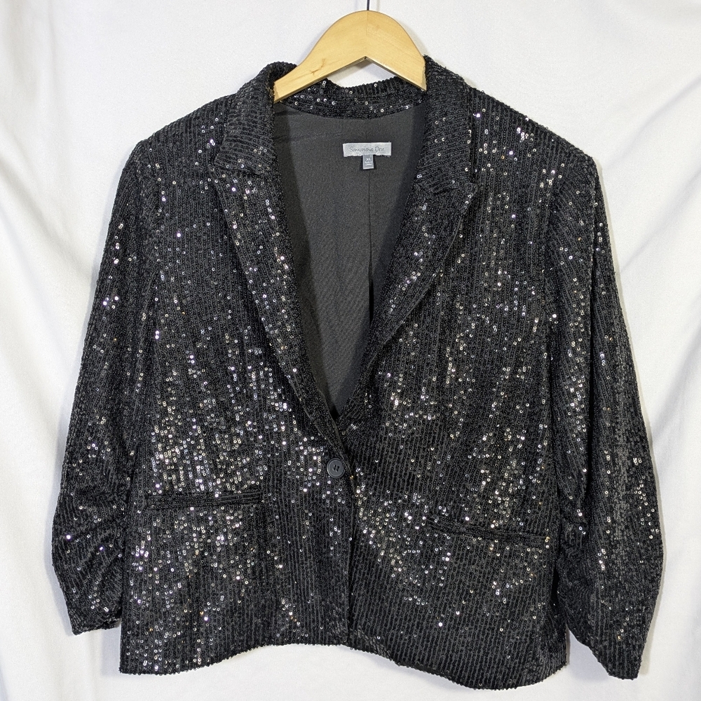 Samantha Dru Black Sequin Jacket Blazer Ruched‎ Sleeves Party Holiday Y2K Sz XL